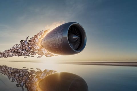 3D rendered glowing Apple M5 chip unleashing vibrant AI art waves at lightning speed.