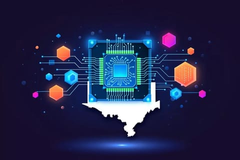 Modern tech graphic on dark background with vibrant neon circuits and holographic geometric shapes.