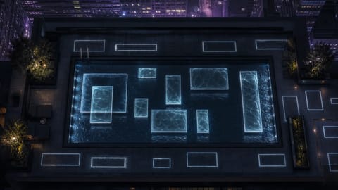 Abstract 3D render of overlapping glowing rectangular frames with dynamic grid lines.