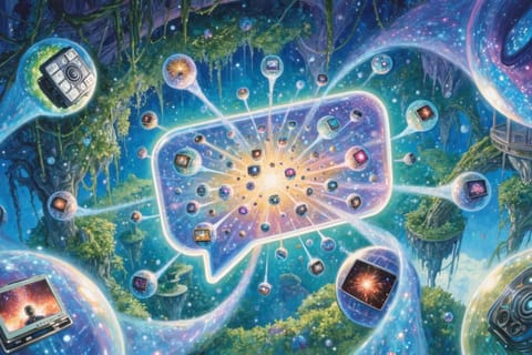 3D render of video creator surrounded by floating AI orbs and glowing integration links.