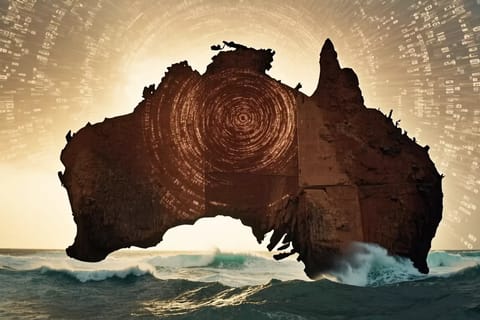 A kangaroo triumphantly smashes AI robots with a gavel amid Sydney Opera House and flag.