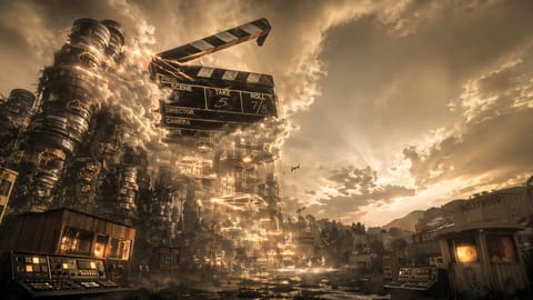 Dynamic 3D render of glowing film reels morphing into neural circuits atop futuristic Hollywood sign.