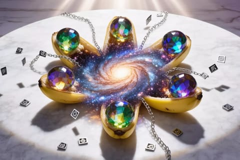 A cluster of eight glowing bananas emerging from a futuristic nano launcher, vibrant 3D render.