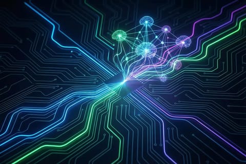 Futuristic neural network evolving with vibrant neon glows on a dark tech background.