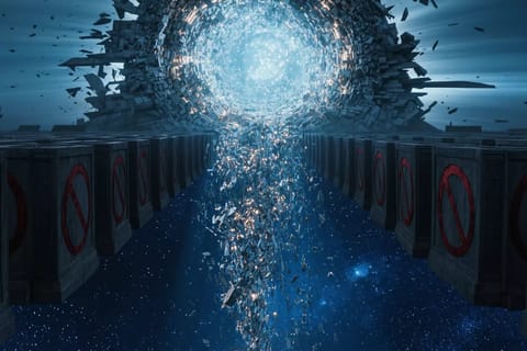 3D render of shattering video screens with glitchy AI circuits exploding into digital void.