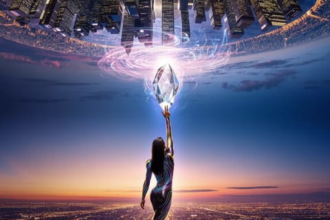 Artistic 3D render of seductive woman in VR headset amid glowing neon studio lights.