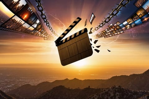 Colliding film reels and binary code smash a glowing Hollywood sign in dramatic illustration.