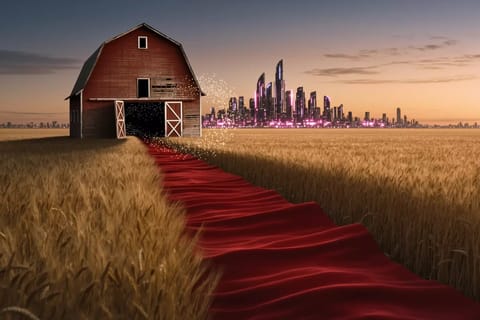 Illustration of rugged farmer wielding glowing webcam pitchfork amid dollar bills and golden fields.
