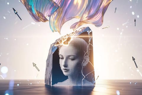 Vibrant 3D layers of colorful images peeling apart with sparkling magical effects and glowing edges.