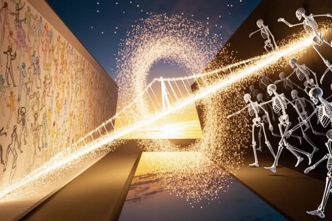 Athletic figure mid-cartwheel morphs from 2D sketch to vivid 3D render in dynamic style.