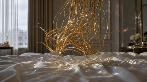 Glowing golden scales balancing swirling blue and purple particle vortices in cosmic void.