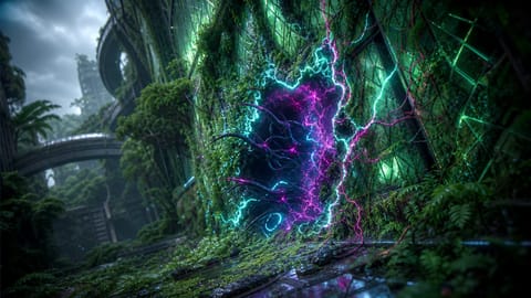 3D-rendered towering wall cracking under a vibrant, surging wave of neon digital energy.