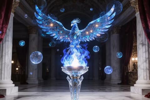 Explosive 3D render of golden tools sparking flames amid rising charts and cascading coins.