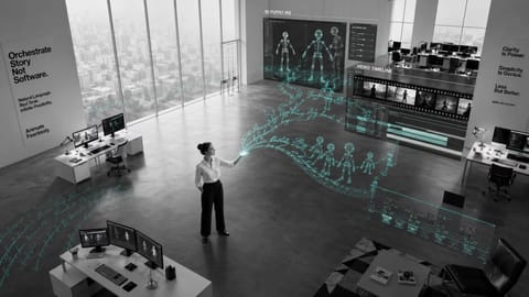 Glowing AI figure powers up vibrant 3D animations with Blender tools and Adobe effects.