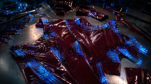 Abstract mixed-media artwork of glowing shields blocking shadowy digital forms.