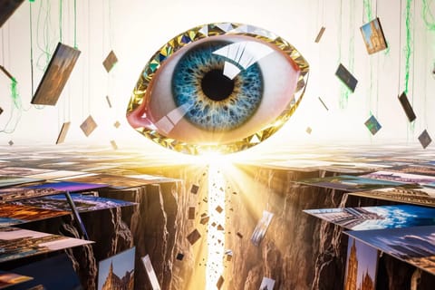 Surreal 3D render of a glowing eye scanning floating photos, videos, code, and paintbrushes.