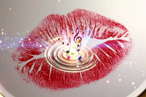 Vibrant 3D render of glowing lips exhaling musical notes and heart-shaped waveforms.
