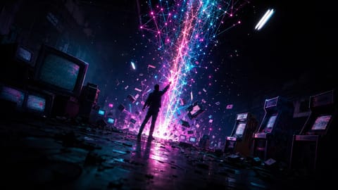 3D rendered glowing node graph surging upward with floating dollar signs and rocket trail.