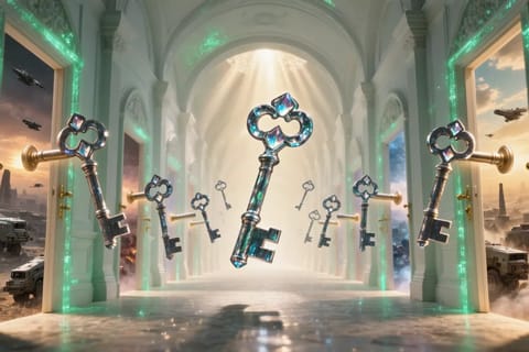 3D rendered futuristic corridor with floating holographic keys and glowing circuit patterns.