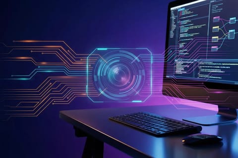Dark background with vibrant neon accents, floating digital prompts, and immersive glowing video scenes.