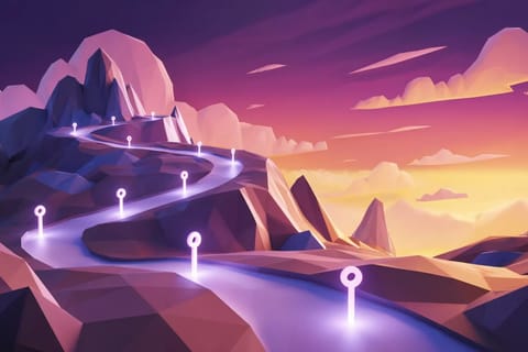 Surrealist creative workspace in purple, magenta, amber tones with glowing pathways and tools to create ai porn scene from scratch