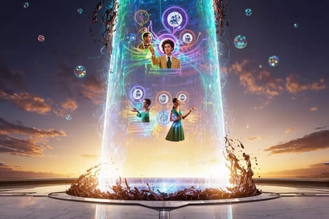 3D rendered talking avatar with expressive face, neon barriers, and glowing April update motifs.