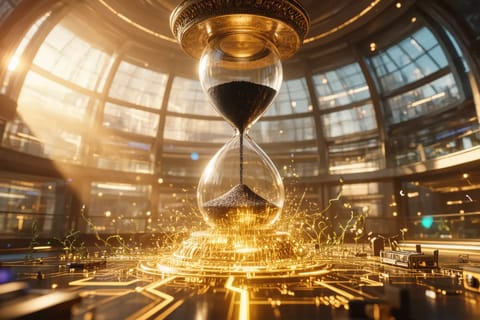 Illustration of relaxed AI robot in hammock beside oversized paused clock.