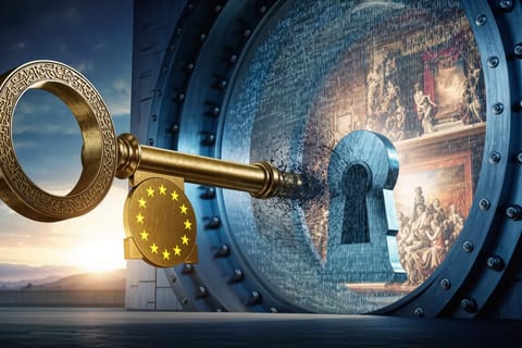 3D render of European Parliament dome glowing with blue AI circuits and red opt-out toggle switch.
