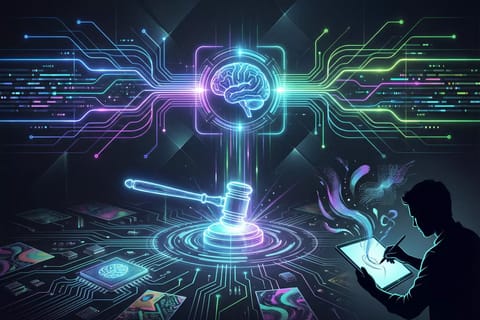 Futuristic glowing gavel and digital scales with neon circuits on dark tech background.