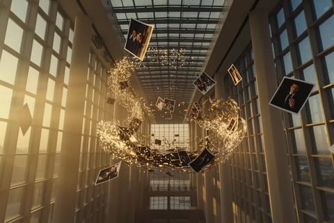 3D render of a static photo morphing into swirling video frames with glowing particle effects.