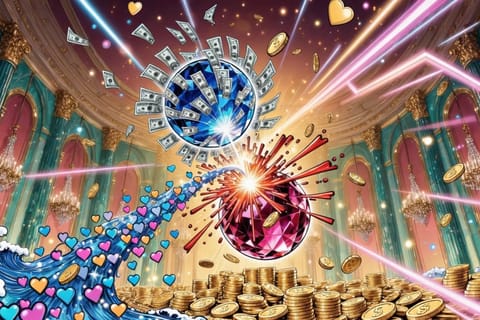 3D render of creator igniting fan-shaped money explosion while shaking hands with suited executive.
