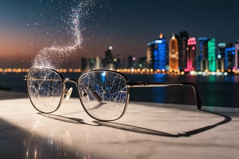 Artistic 3D render of glowing firefly hovering over reflective glass, dissolving window reflections to reveal serene landscape.