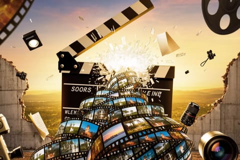 Mixed media collage of glowing AI circuits, exploding film reels, and creators breaking chains.