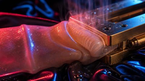 3D-rendered Fleshlight sex toy syncing with glowing VR headset on futuristic digital grid.