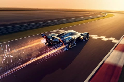 Dynamic 3D render of blazing speed trails weaving through vibrant, emerging AI-generated artworks.