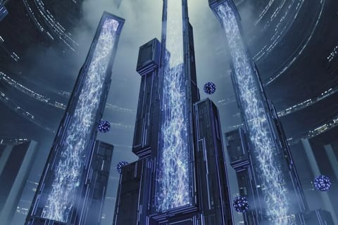 Glowing blue neural nodes connected by swirling energy flows in a cosmic digital void.