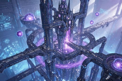 Stylized 3D render of layered geometric forms linked by glowing energy beams in cosmic blue void.