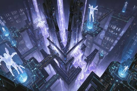Futuristic 3D render of glowing interconnected nodes and swirling energy flows in cosmic void.