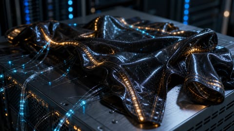 3D render of swirling luminous fluxes weaving through dark, misty forest silhouettes.