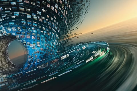 Vibrant 3D render of glowing blue flux streams surging through interconnected neural nodes at high speed.