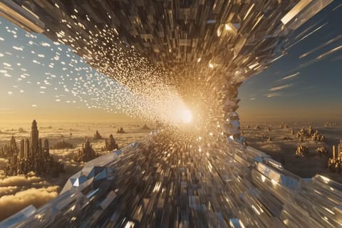 Dynamic 3D render of swirling neon particles rapidly forming surreal images on a dark cosmic background.