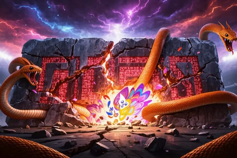 3D rendered gem shattering under blurred NSFW icons and chaotic Reddit speech bubbles.