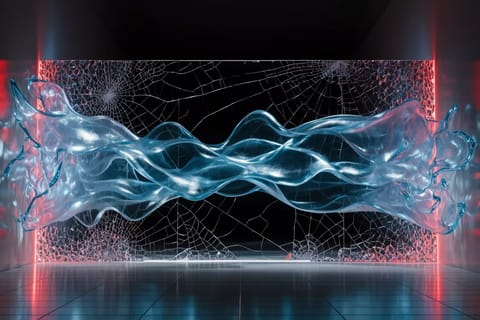 3D rendered futuristic female figure breaking through glowing digital barriers in neon-lit void.