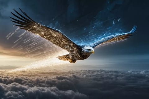 Futuristic 3D eagle soaring at high speed through glowing digital circuits and speed trails.