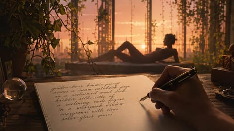 Sensual nude figure reclining in warm golden hour light, soft curves and shadows.