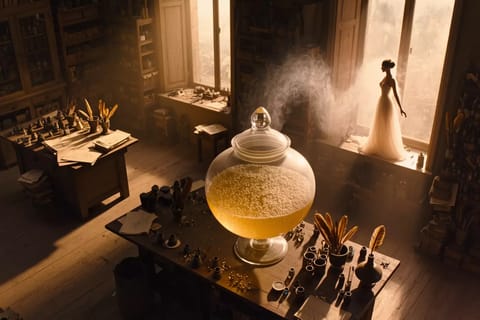Artistic nude silhouette bathed in golden morning sunlight, serene ethereal glow.