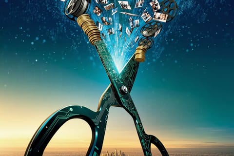 Dynamic 3D render of rocket launching amid swirling video frames and plummeting gold coins in neon glow.