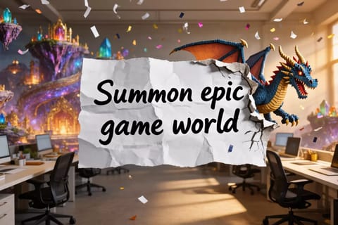 Dynamic 3D render of AI agents constructing vibrant game worlds amid glowing cloud servers.