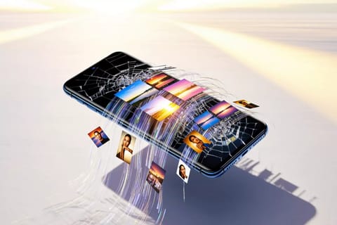 Futuristic 3D smartphone with glowing neural network and multimodal icons: eye, wave, text.