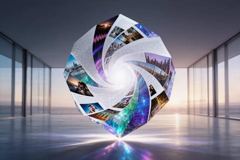 Vibrant 3D render of swirling multicolored vectors intertwining photos, text, and waveforms in cosmic space.
